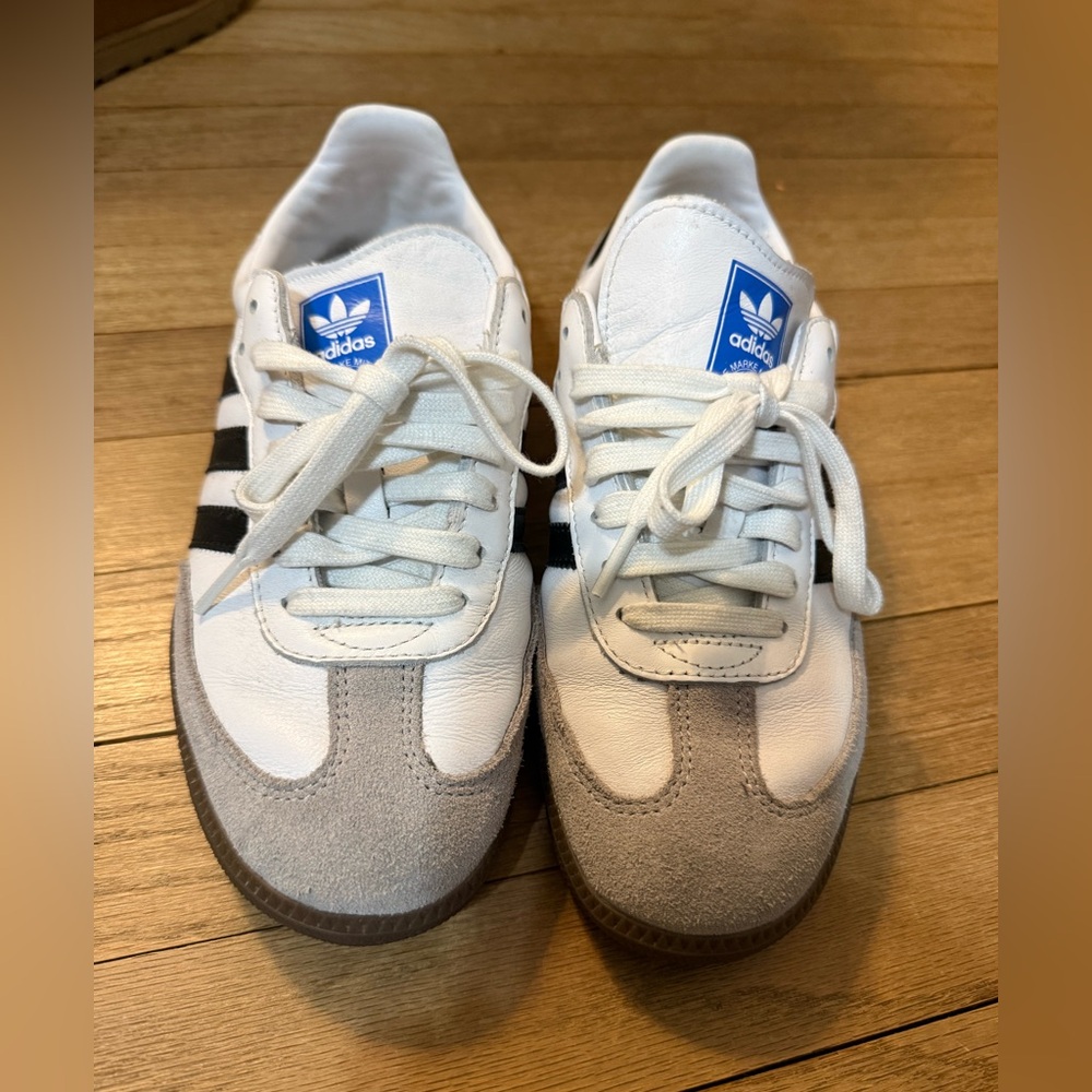 Adidas White Samba Sneakers with Gray Suede Toe and Black Stripes